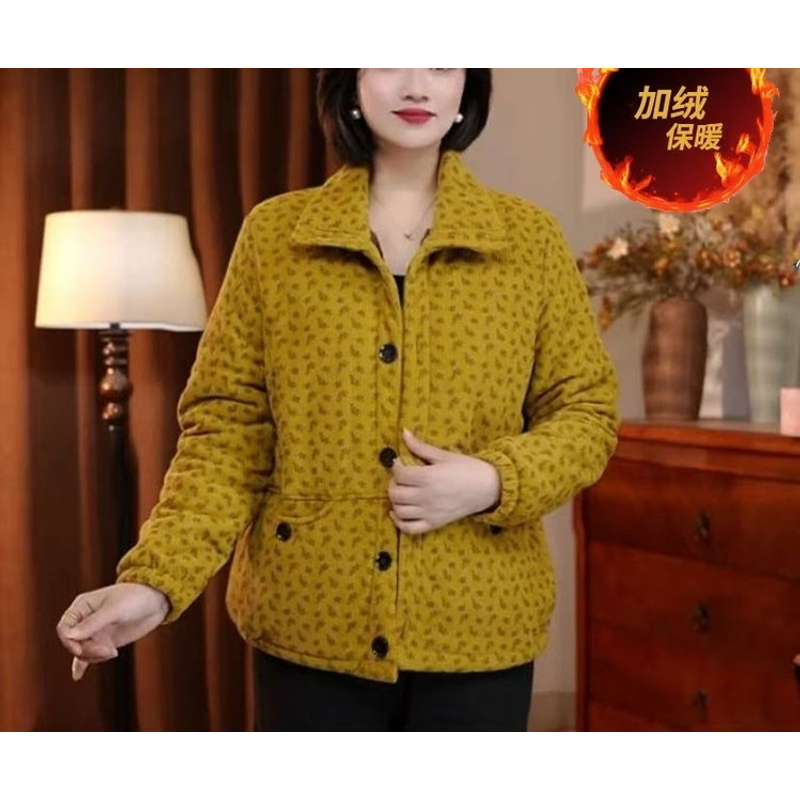 2026冬季新款妈妈时尚休闲棉袄外搭加绒加厚印花纯色棉衣冬装保暖