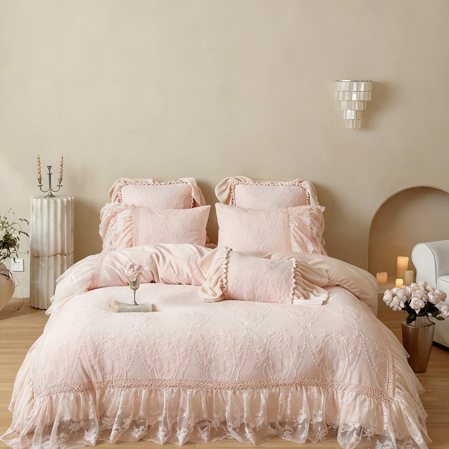 公主风牛奶绒床盖款四件套冬季加厚少女花边被套保暖床上用品套件