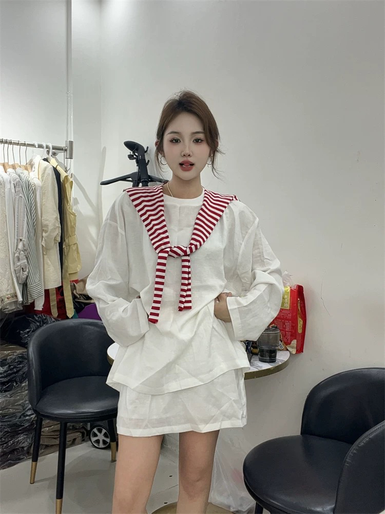 披肩长袖衬衫短裤两件套