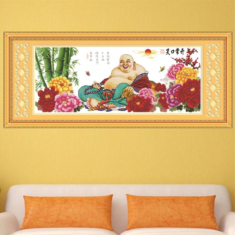 1.95大纯手工绣好十字绣成品5338笑口常开弥勒佛客厅挂画