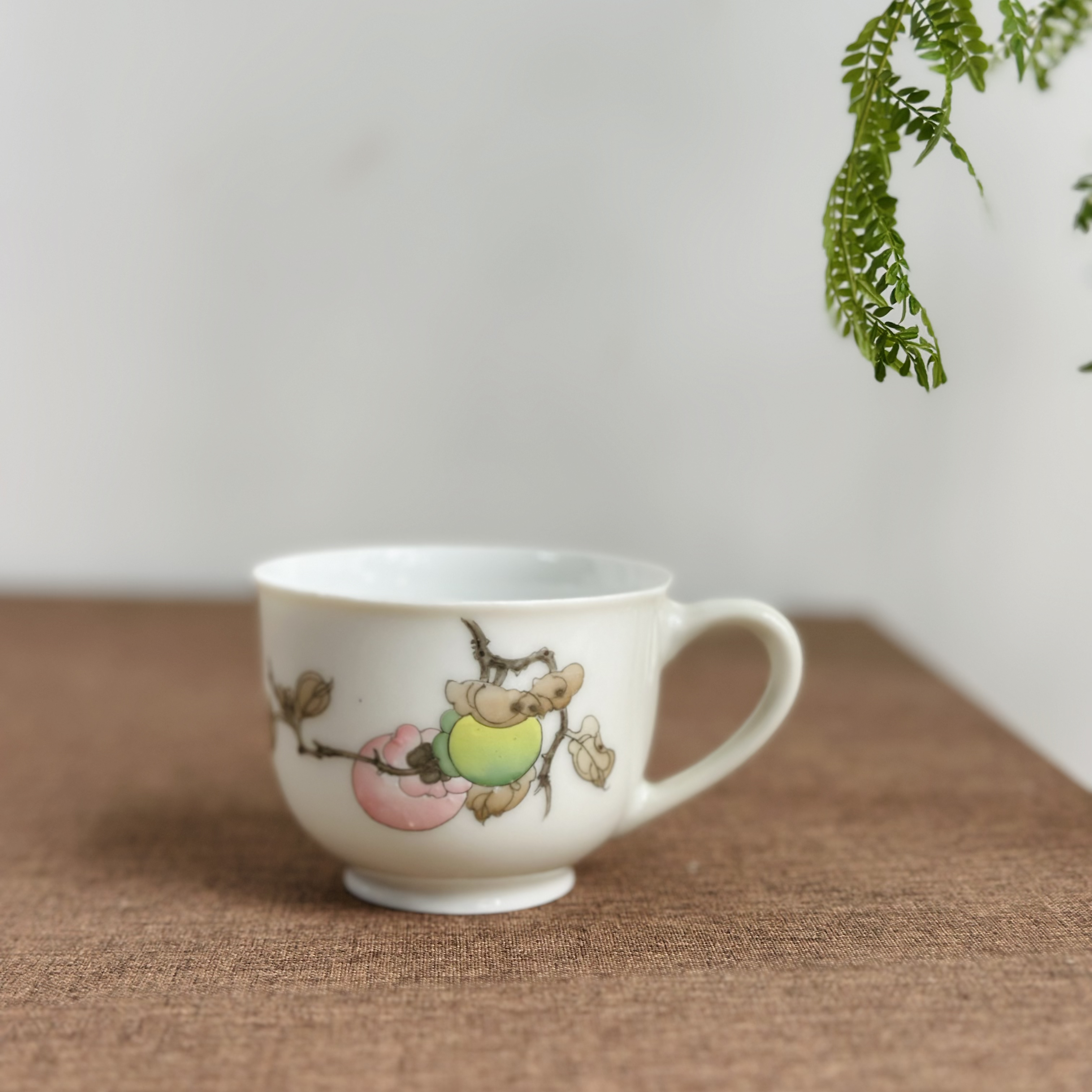 醴陵老瓷器釉下五彩手绘薄胎大球泥秋柿花茶杯微瑕福利价