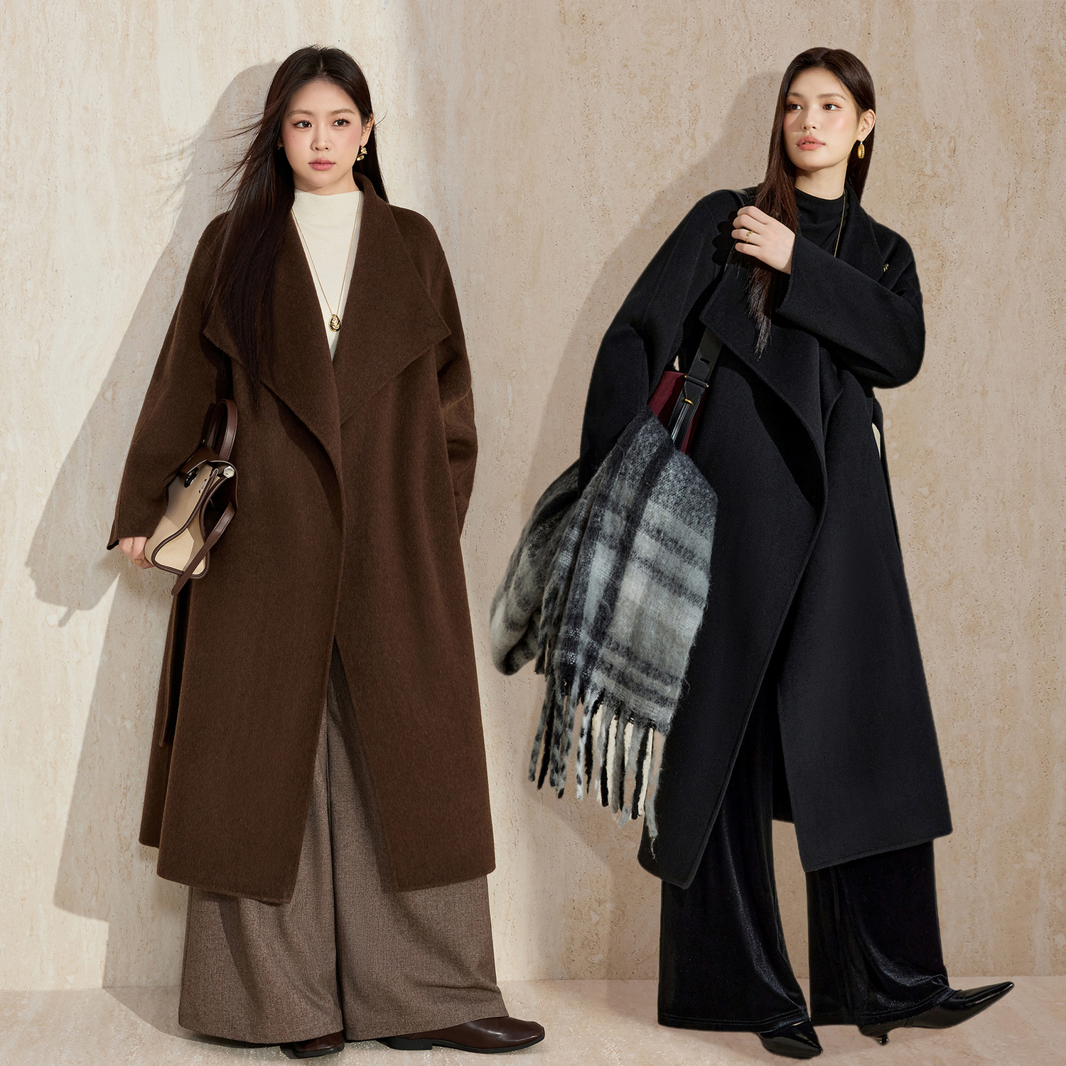 蓝语大码气质大翻领长款双面羊毛大衣2025冬新款咖色毛呢外套