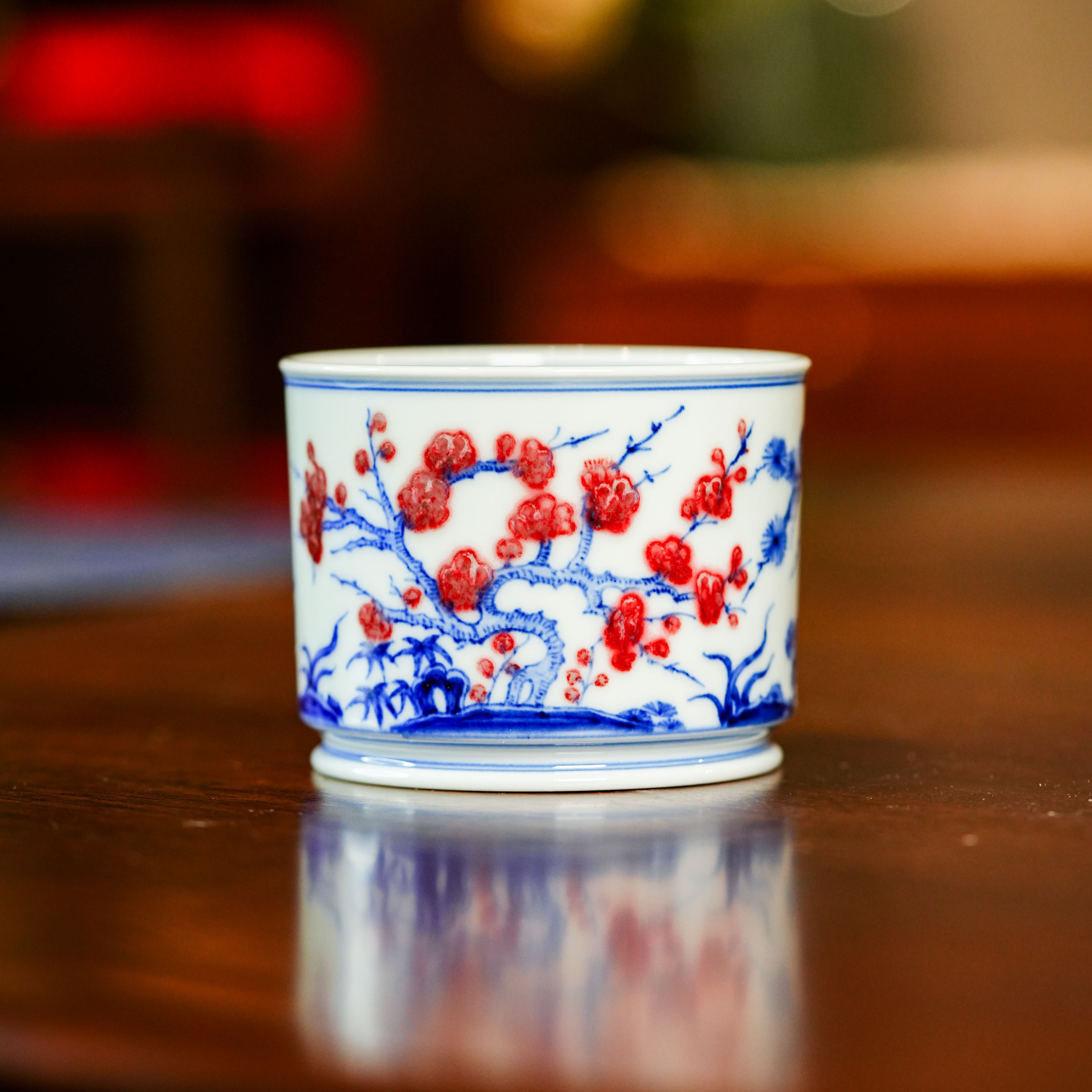 【小乔赏瓷】景德镇手工手绘青花釉里红松竹梅直筒杯moshe539.