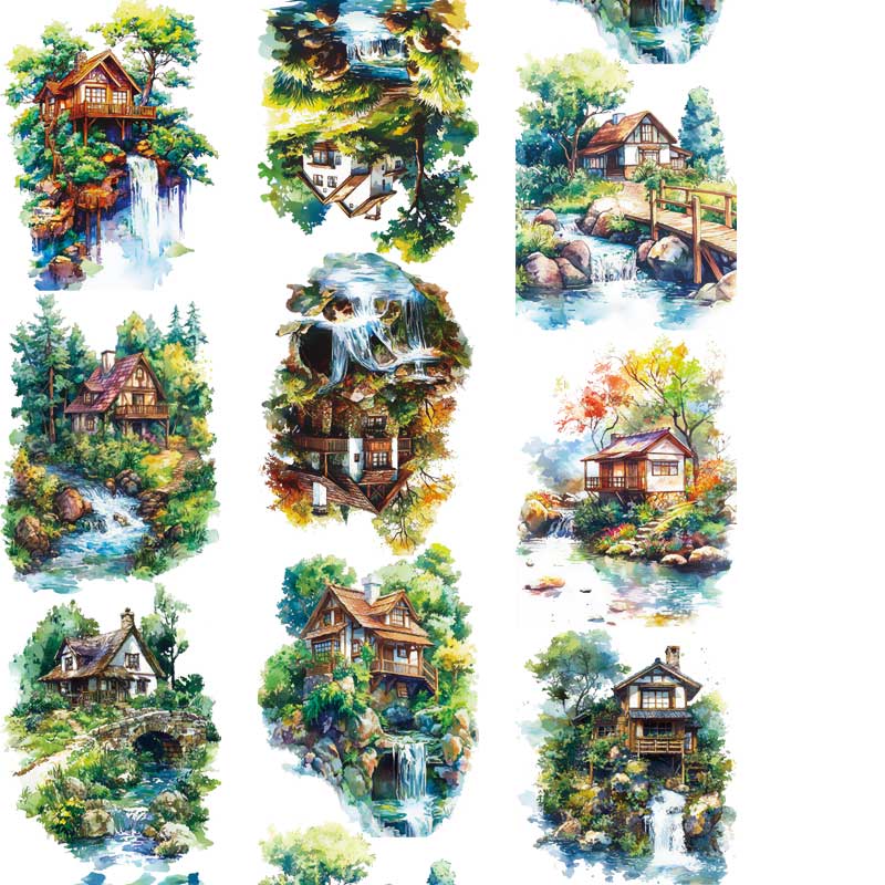 自制造景溪水小屋手帐胶带拼贴装饰diy造景咕卡胶带贴画素材胶带
