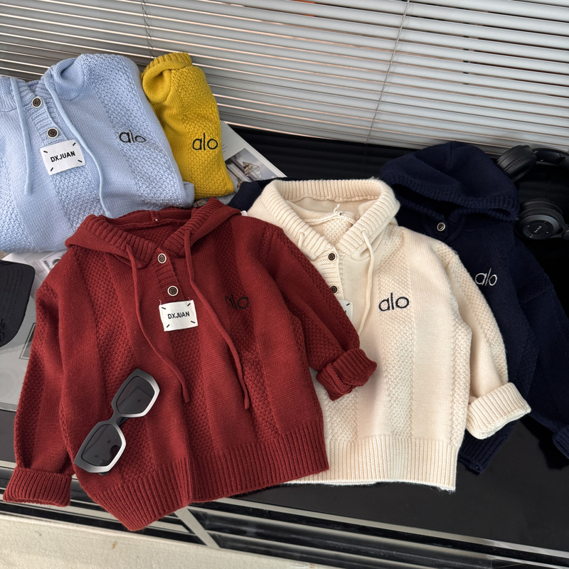 2025秋季新款时尚潮流套头刺绣款帽衫男女童亲子针织衫毛衣