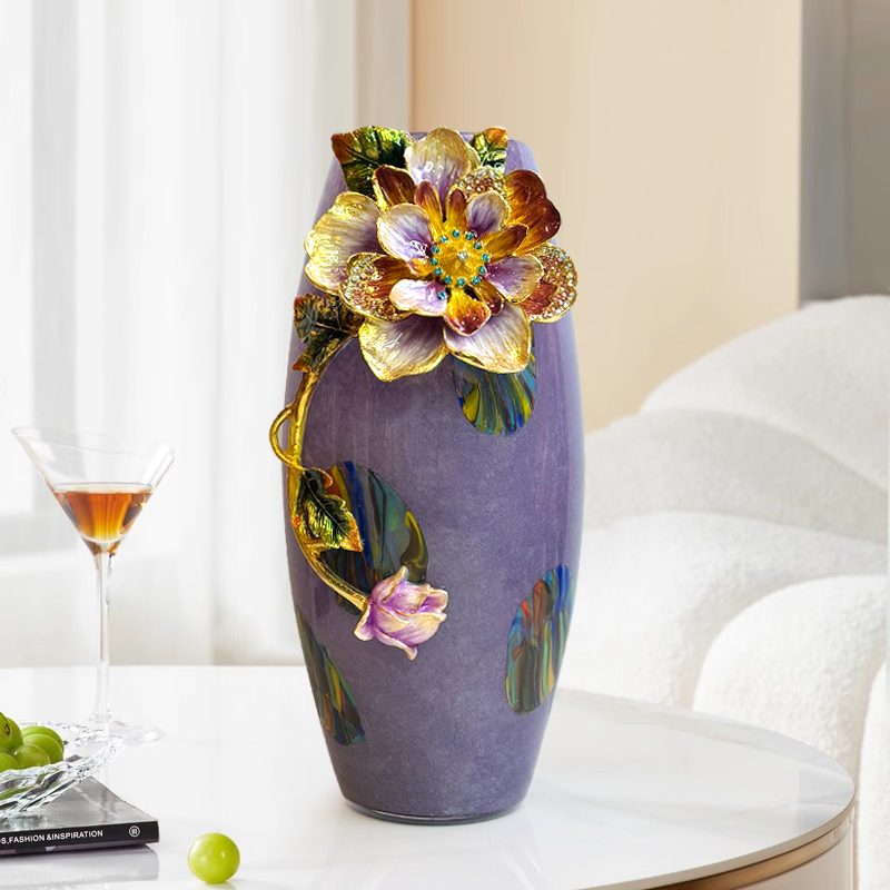 2025新款高级紫色绽放花瓶珐琅彩工艺玄关家居摆件新中式家居饰品