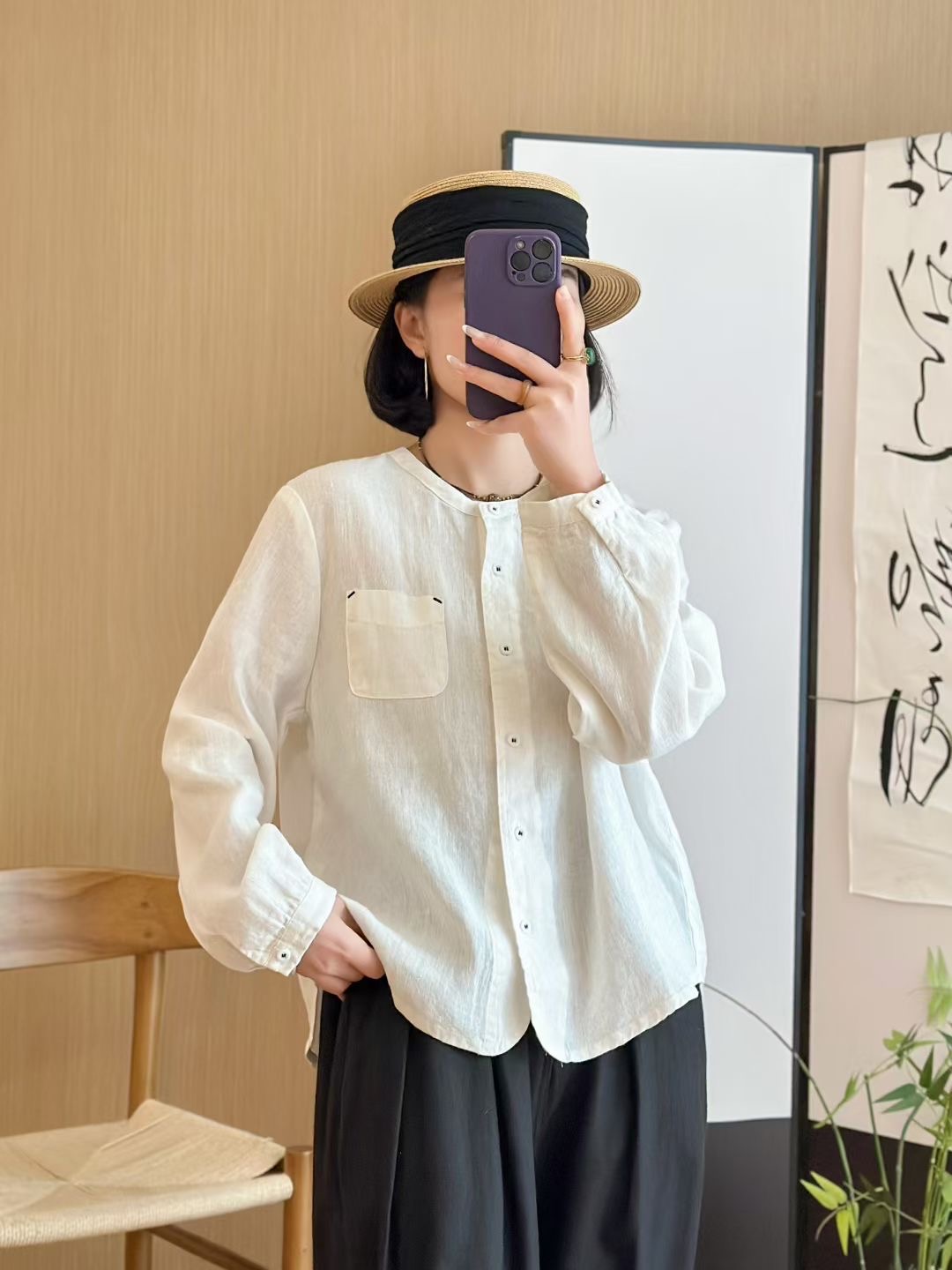 亚麻衬衣文艺复古圆领长袖高级衬衫女2025秋季新款宽松亚麻上衣