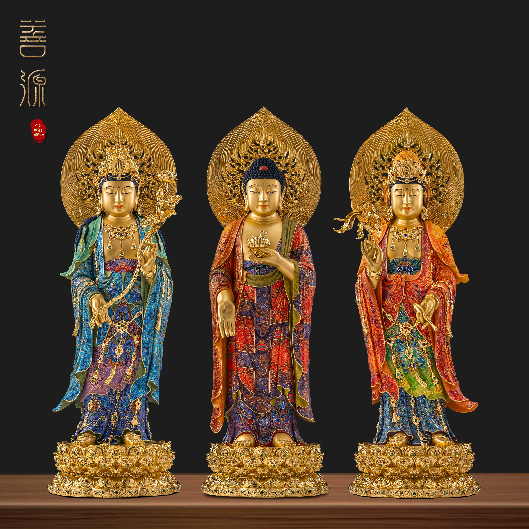 善源88-90cm全堂佛黄铜贴金泥金工艺手工彩绘家用中式摆件