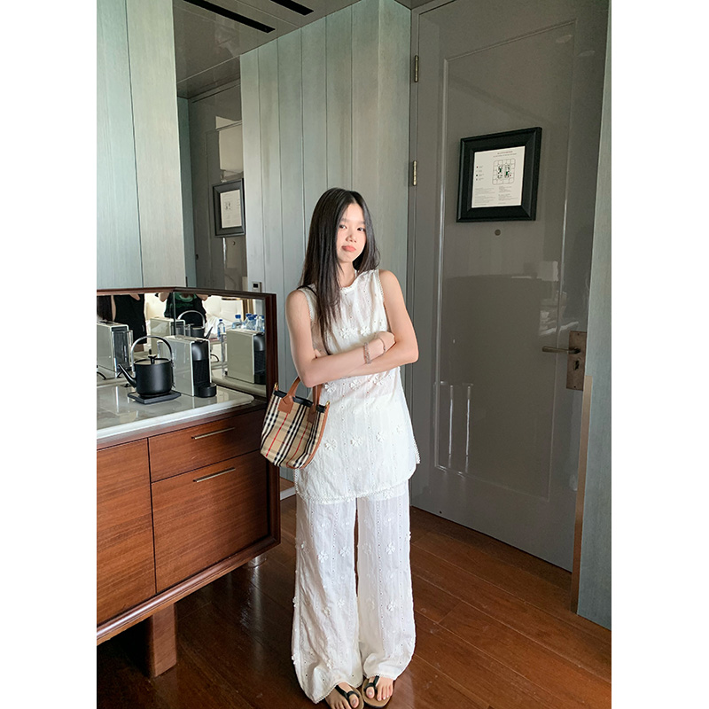 王少女的店 米杏色气质法式绣花蕾丝衫休闲裤夏季女套装S35458S52