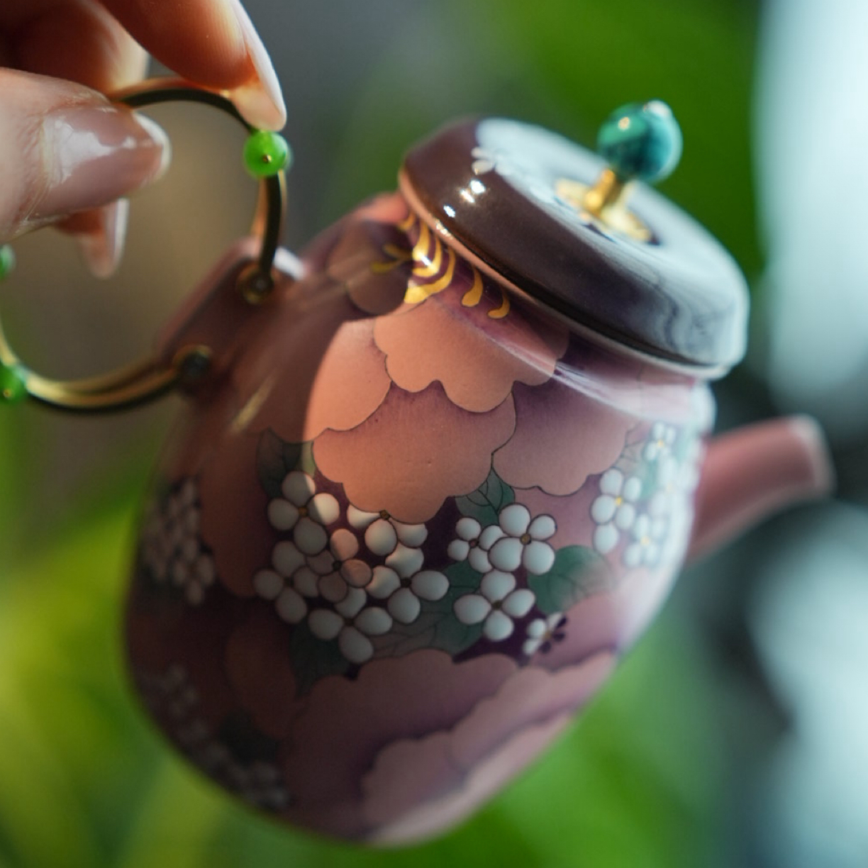三秋月——富贵满满系列绿松石紫砂花卉紫砂茶壶