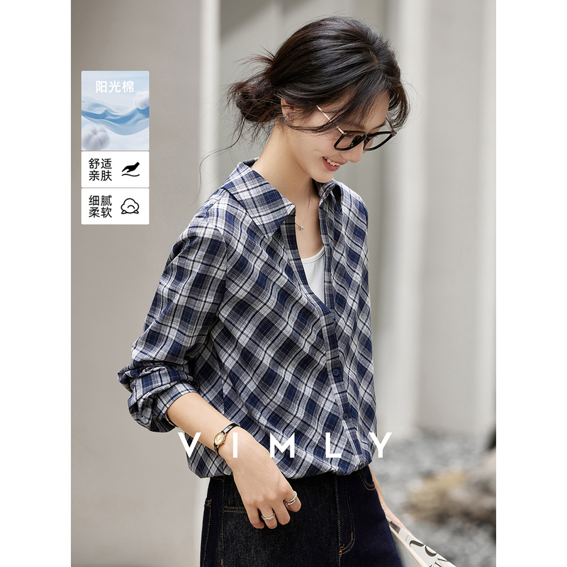 M梵希蔓灰蓝色格纹翻领衬衫上衣女秋季韩系显瘦假两件衬衣A3030
