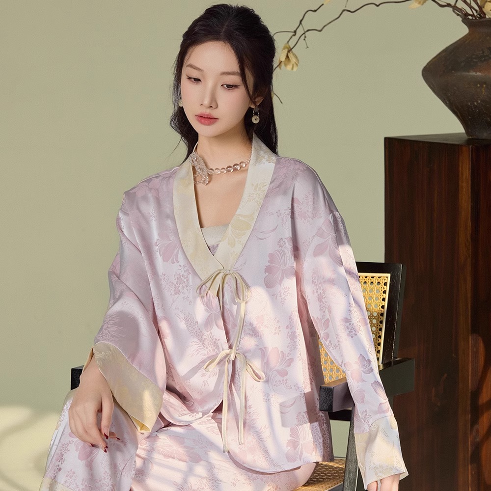 【宫廷华夏】新中式提花睡衣女2025春秋吊带长袖长裤高级家居服套装