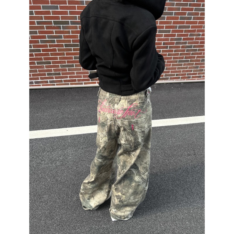 美式复古水洗字母刺绣树枝迷彩牛仔裤男女宽松百搭阔腿潮流长裤