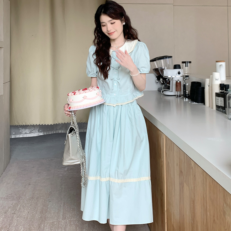 慕兔韩系甜美系带娃娃领衬衫搭配显瘦半身裙女2024夏季新款两件套
