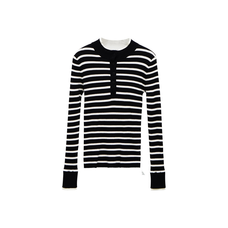 针织条纹假两件款女短款毛针织衫百搭长袖毛衣撞色OP-372