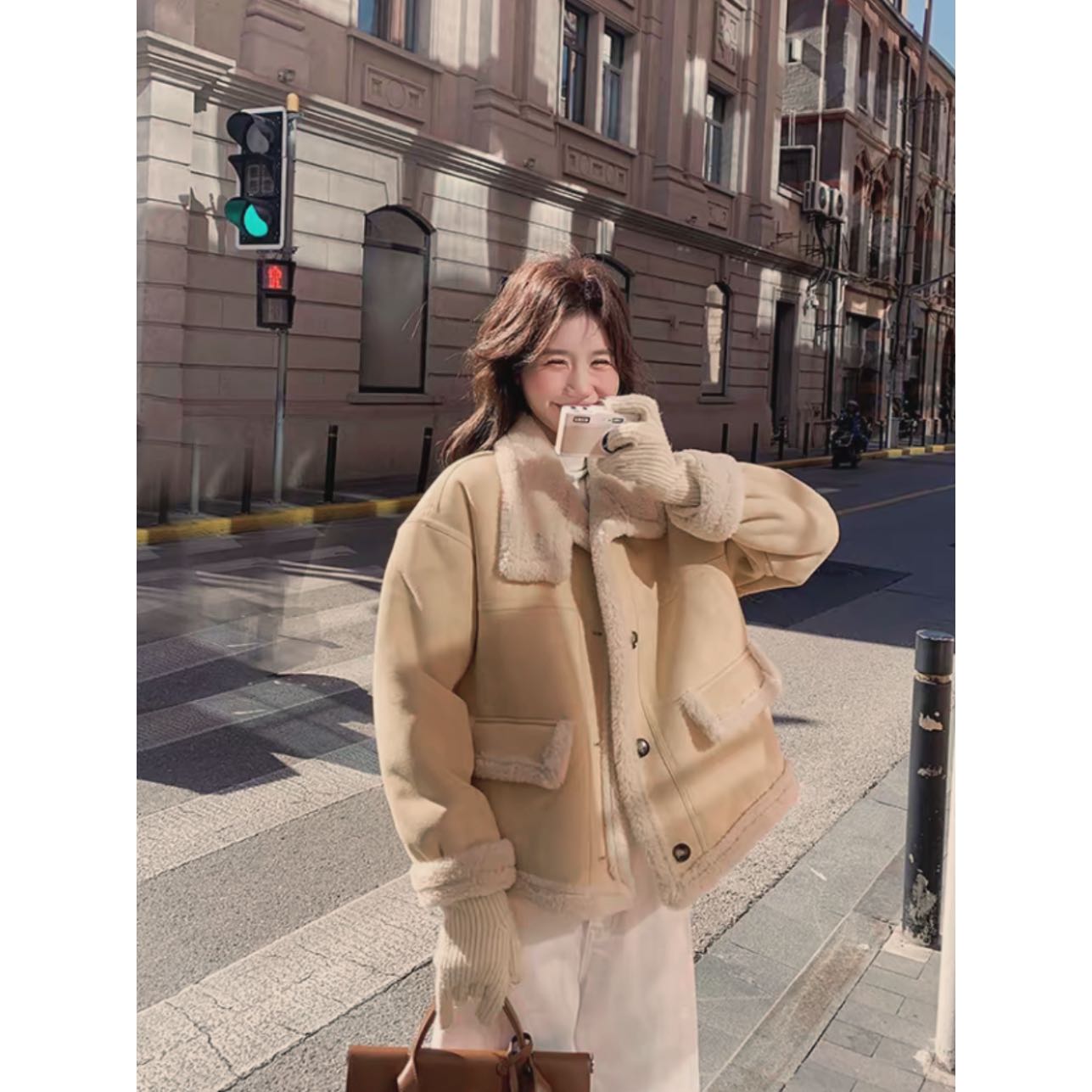 小个子皮毛一体加绒外套冬高级感羊羔毛通勤风百搭上衣C6123#0.1