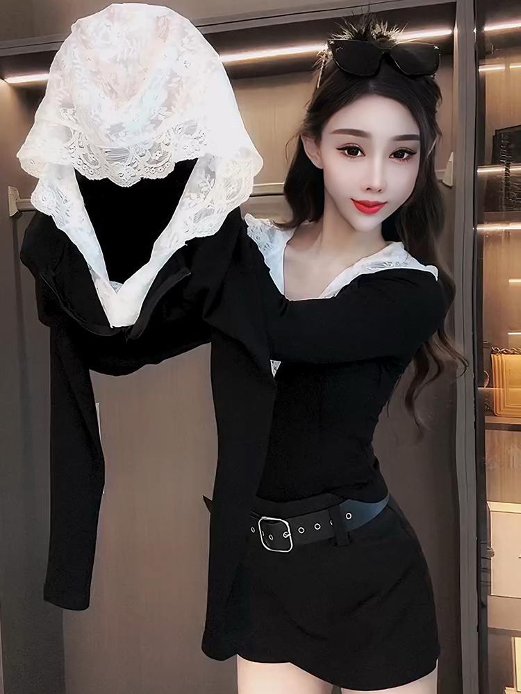 k2025休闲风极简风淑女开衫卫衣短款轻职风蕾丝打底时尚假两件