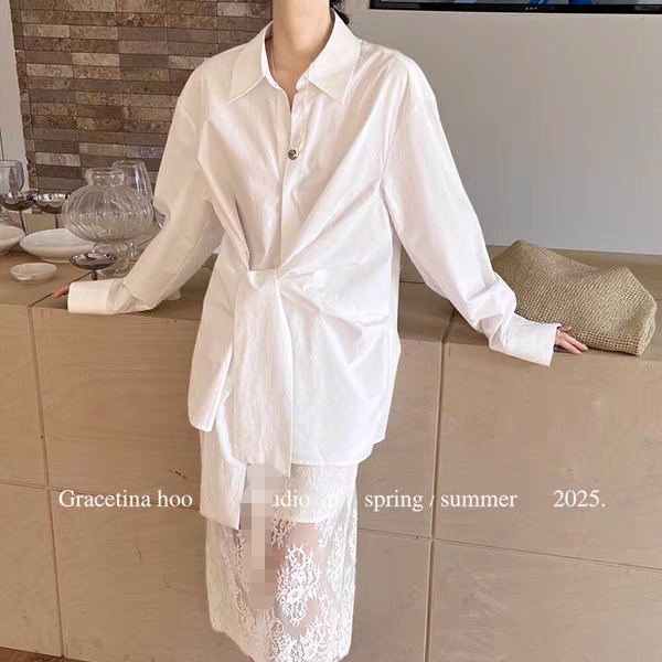 胖妹妹简约白色设计衬衫遮肚春季新款收腰不规则显瘦气质上衣套装