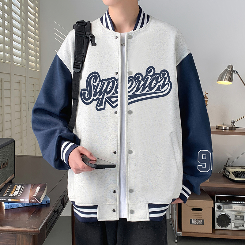 美式复古棒球服oversize夹克男春秋季新款撞色拼接单排扣开衫外套