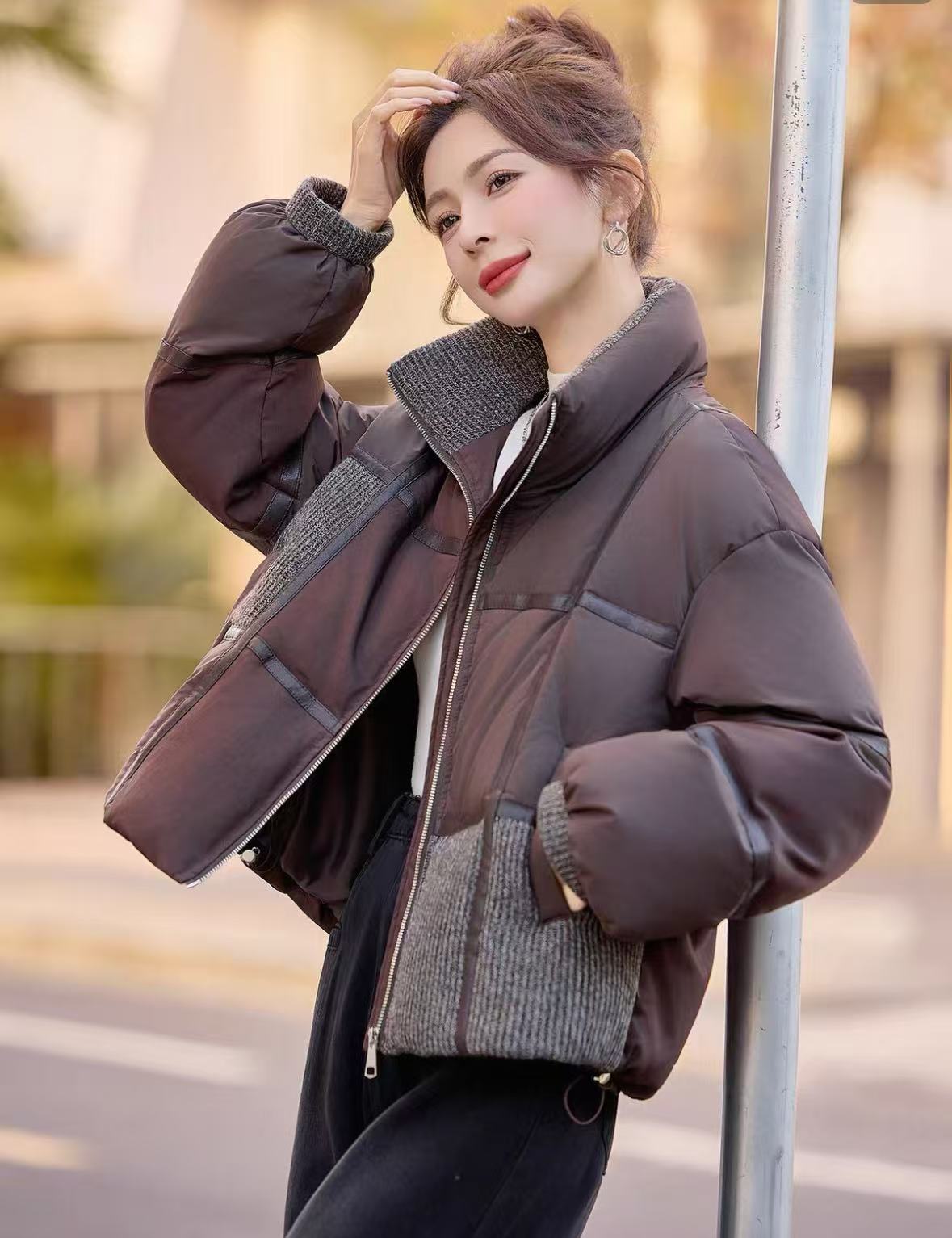 欧货立领短款鹅绒服女冬季2025新款时尚休闲保暖拼接厚外套1039
