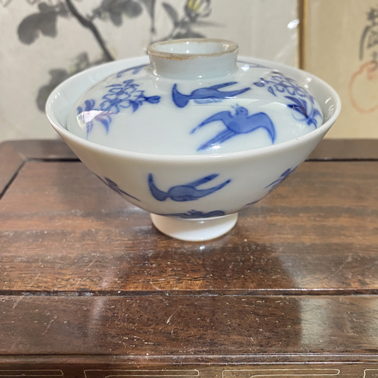 平安玉泉带暗刻款老青花小盖碗茶具，白瓷，缩釉属正常，介意勿拍