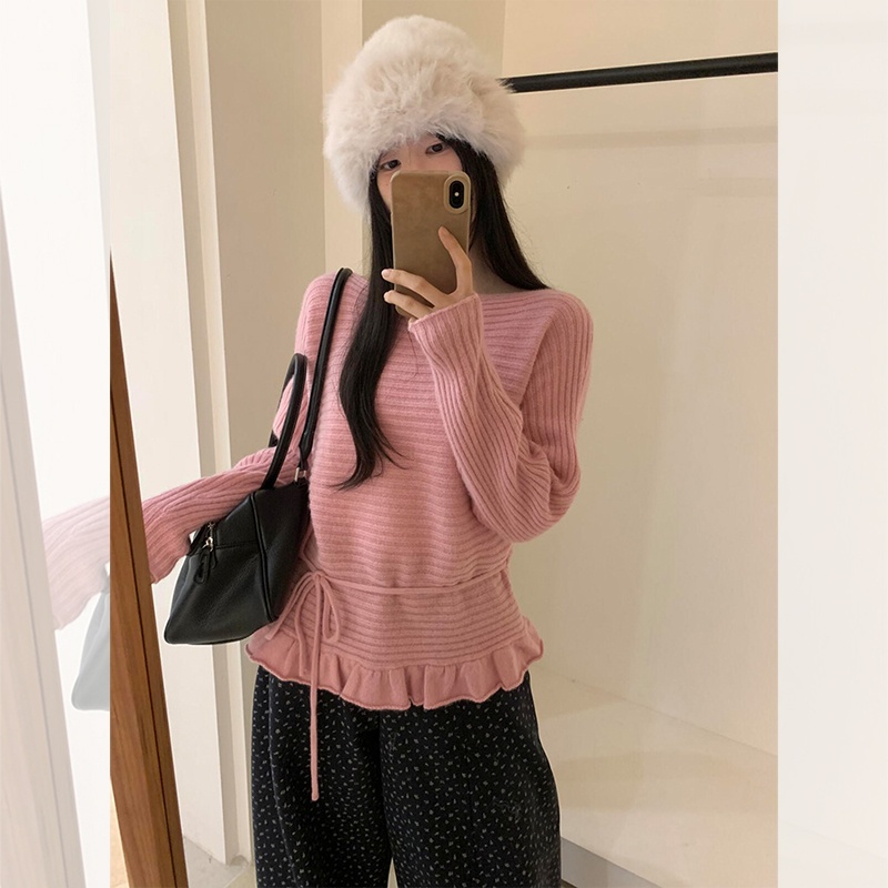荷叶边收腰系带设计感毛衣针织衫女秋冬新款气质内搭打底软糯上衣