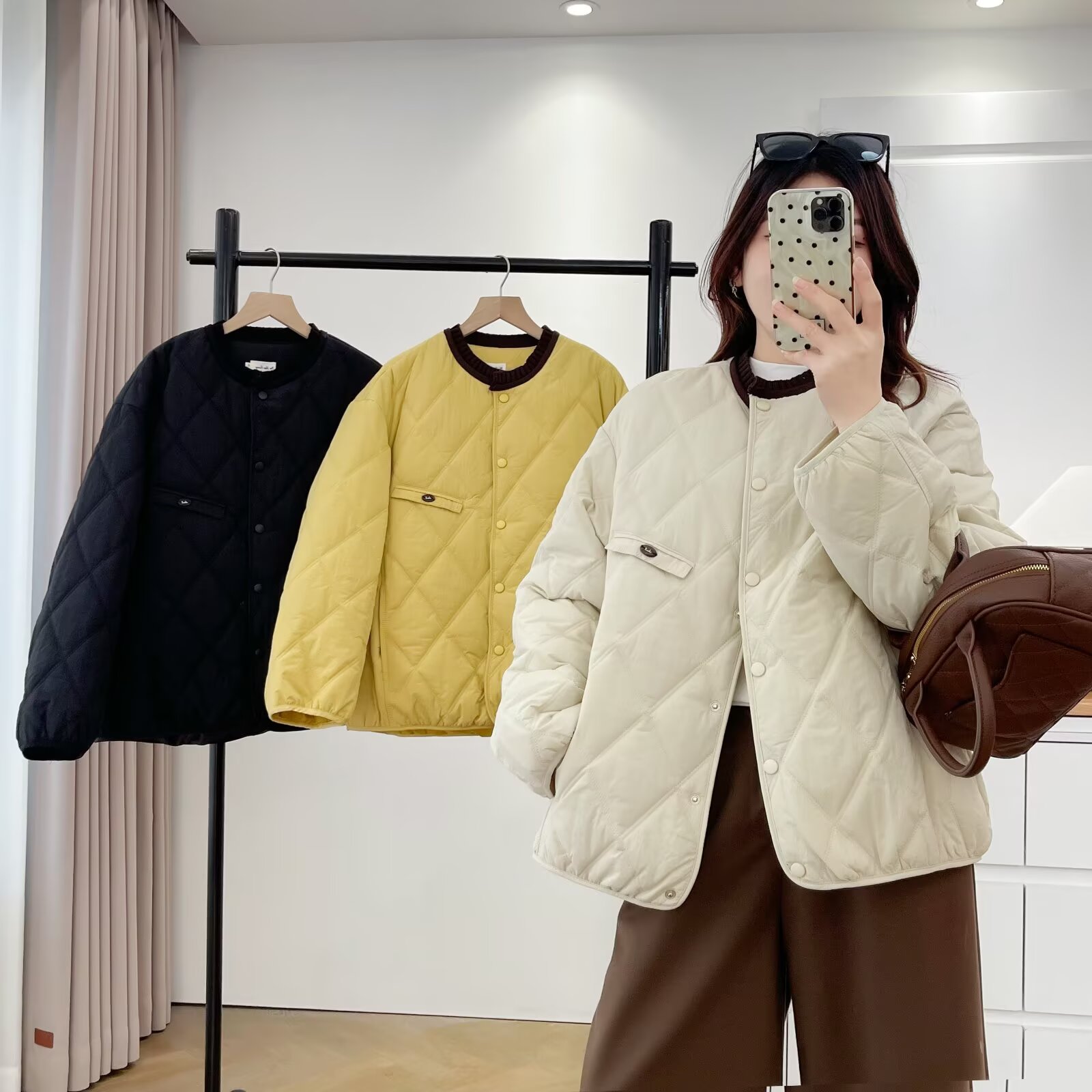 遇见--110-200斤厚款长袖圆领宽松棉衣棉服保暖菱形格大码上衣女