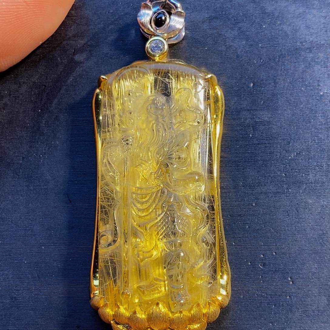 水晶颈饰银S925镶嵌天然钛晶关公吊坠