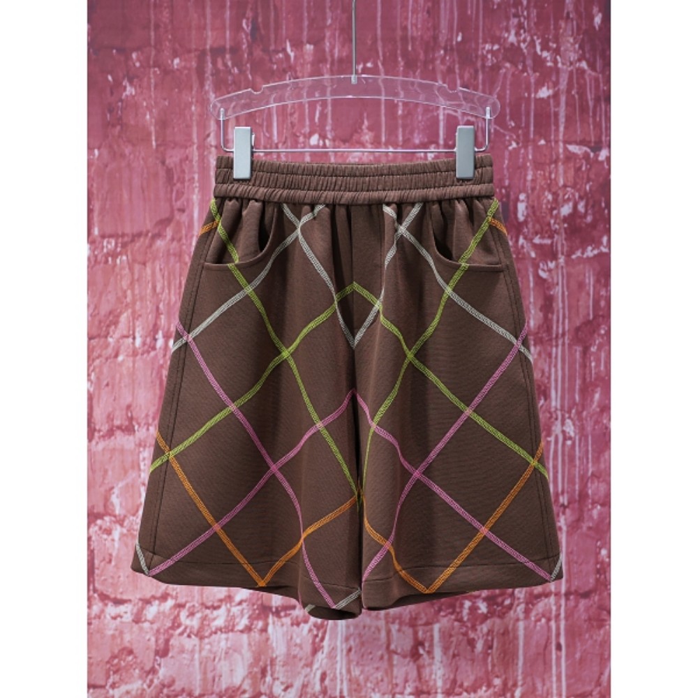 【韩哥女装】夏季欧货设计师咖啡色菱形格撞色明辑线时尚短裤8315