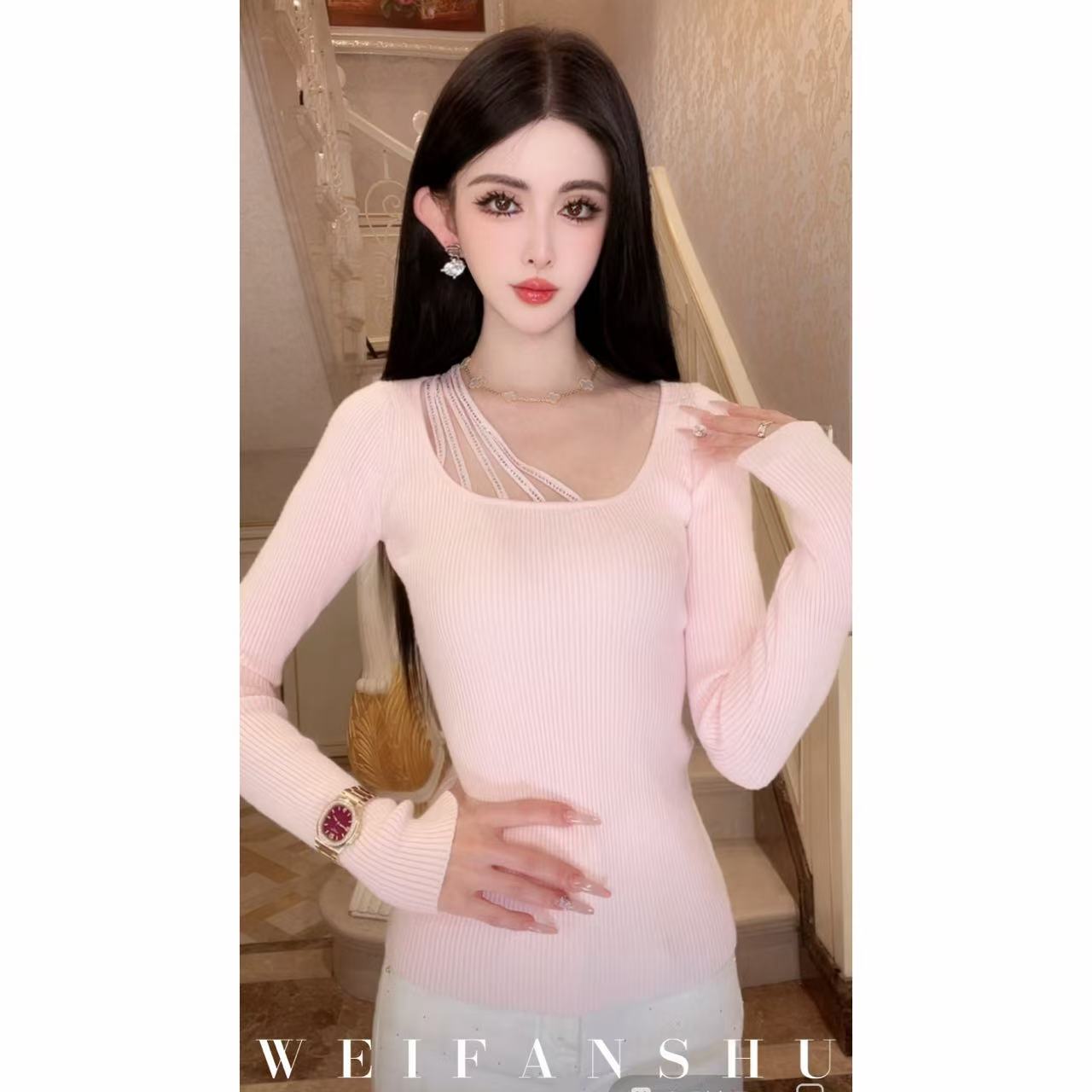 WEIFANSHU/魏凡舒【心动契约】秋冬新款甜美百搭时尚针织修身上衣