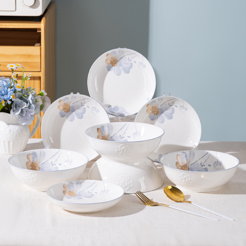 【8件套】凝香7英寸面碗4只＋6.25盘四只简约釉下彩欧式陶瓷餐具