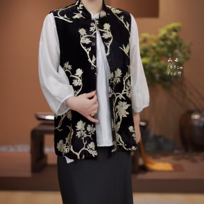 【花开富贵】满分桑蚕丝真丝丝绒重奢高级秋季马甲DX25AM007