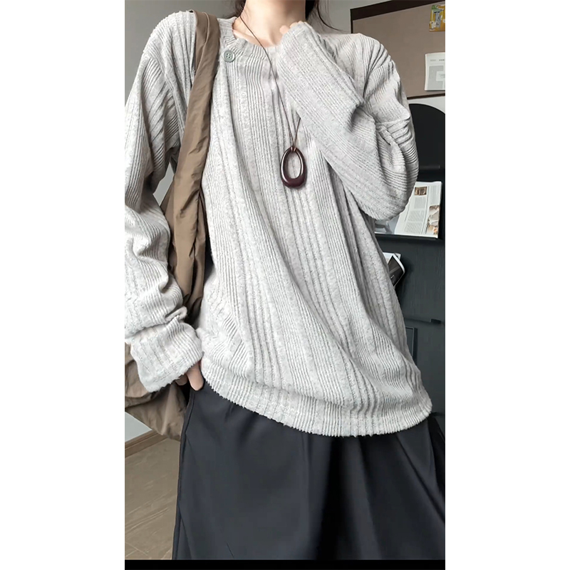 灰色条纹针织衫毛衣男秋季内搭老钱风高街卫衣设计感纽扣打底衫潮