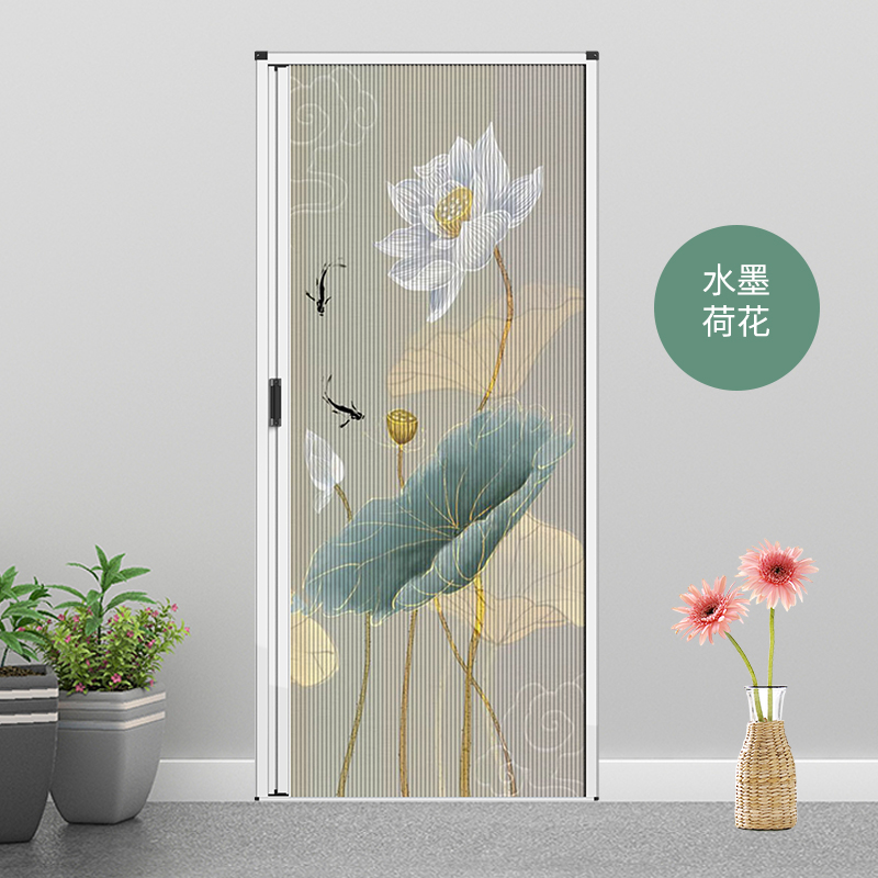 图案铝合金免打孔蜂巢折叠门水墨荷花隔断推拉厕所厨房卧室简易
