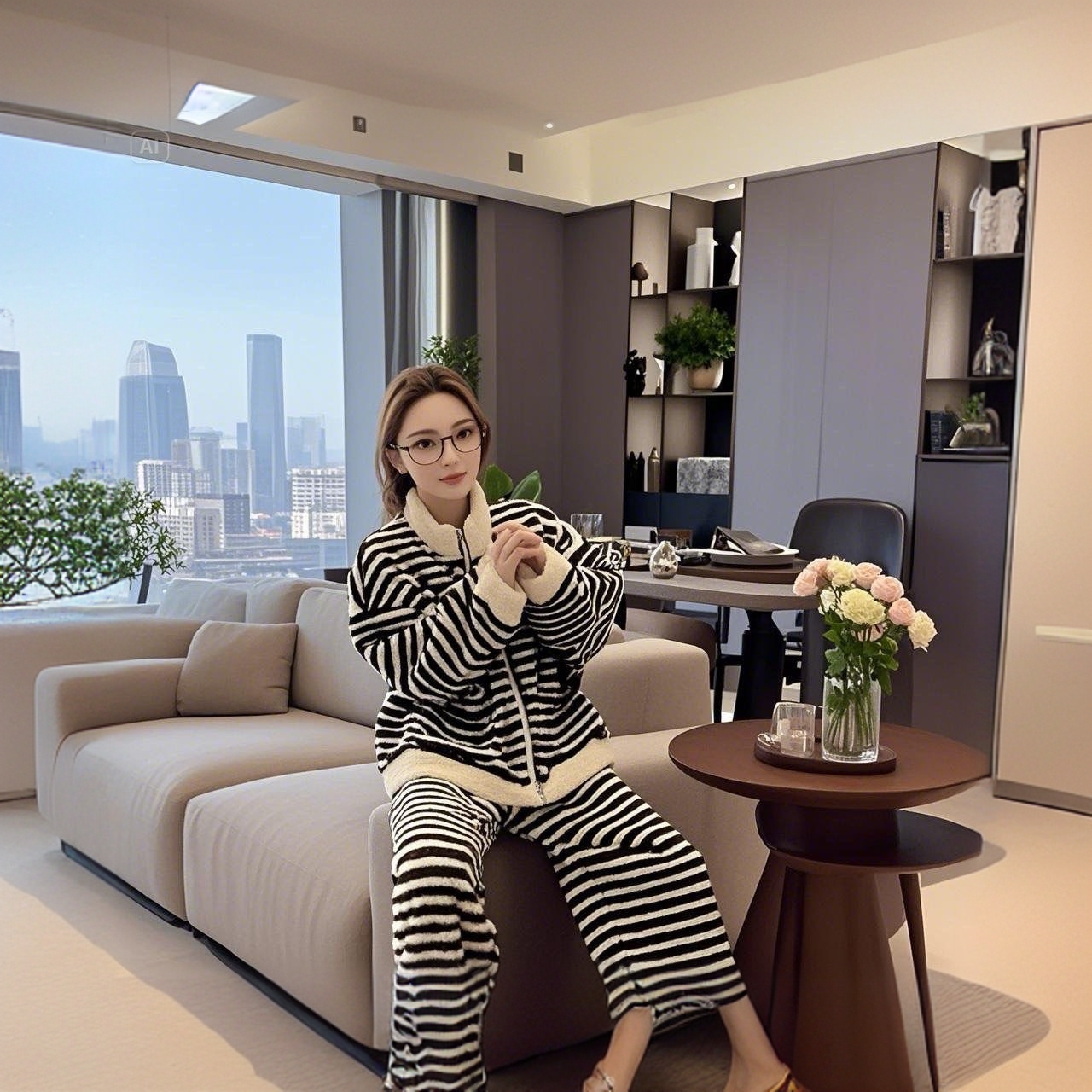 【网红爆款】洋气条纹家居服套装宽松加厚冬季长袖保暖套装休闲立领