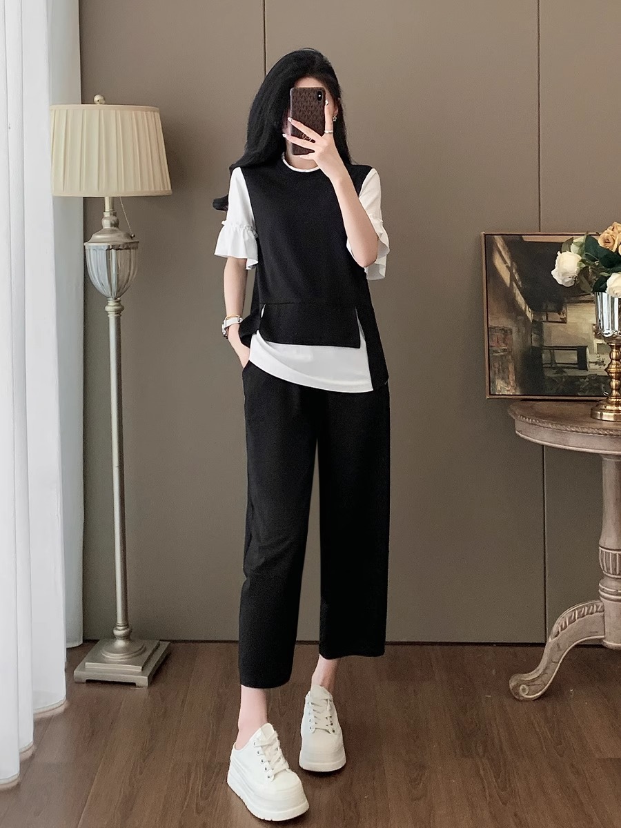 JY008夏装休闲运动套装女减龄假两件短袖七分裤子两件套潮牌