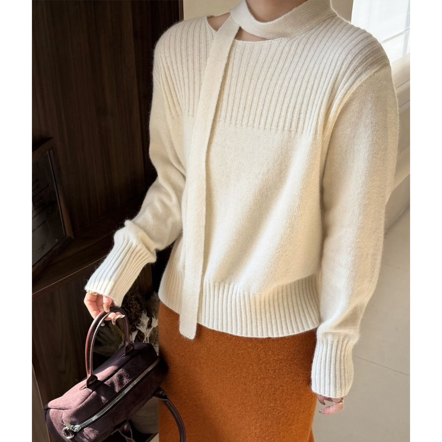 韩系飘带露肩毛衣女秋冬新款纯欲风宽松显瘦高级感百搭针织上衣