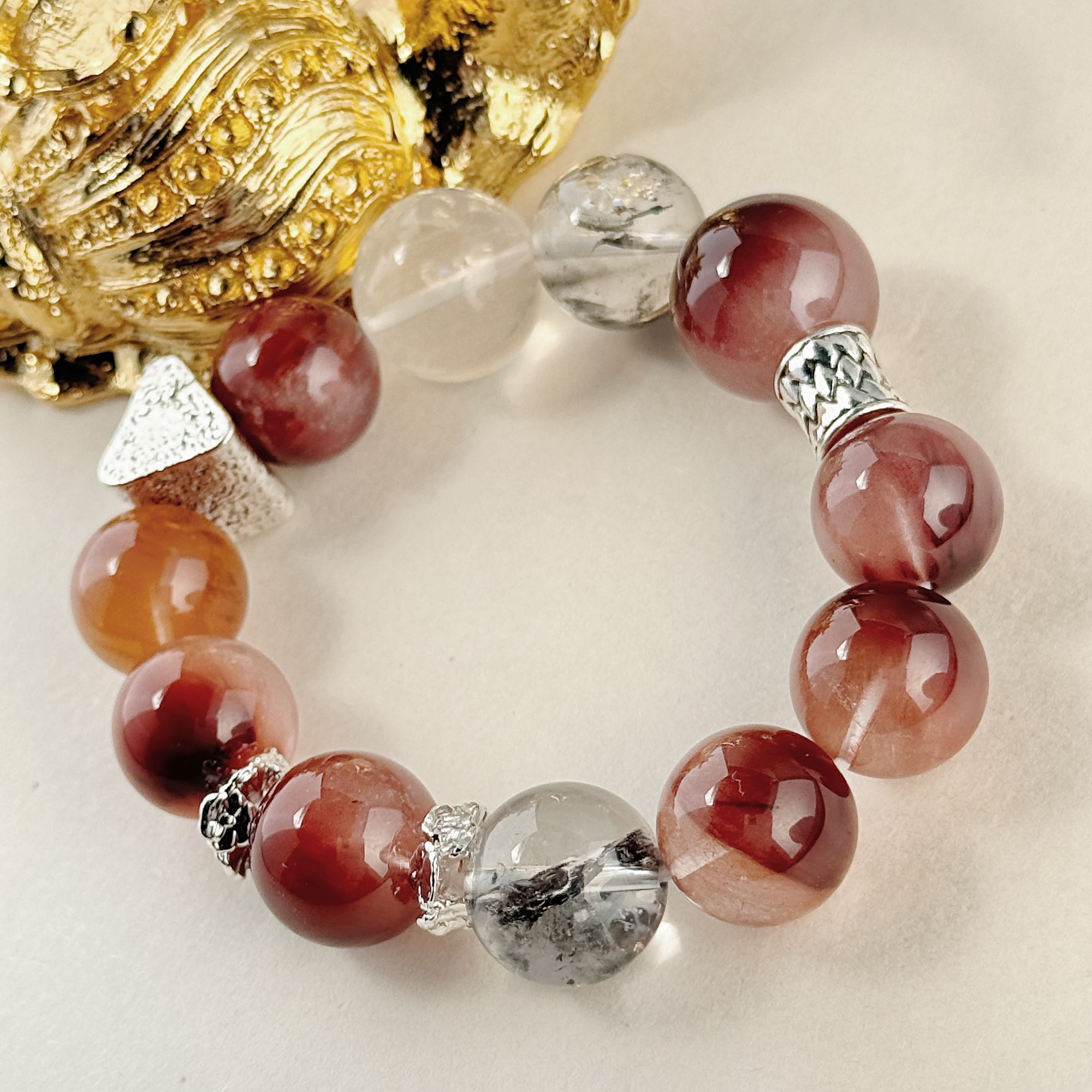 【大兵甄选】黄金薄暮红兔毛水晶闪灵聚米DIY白幽灵水晶手串