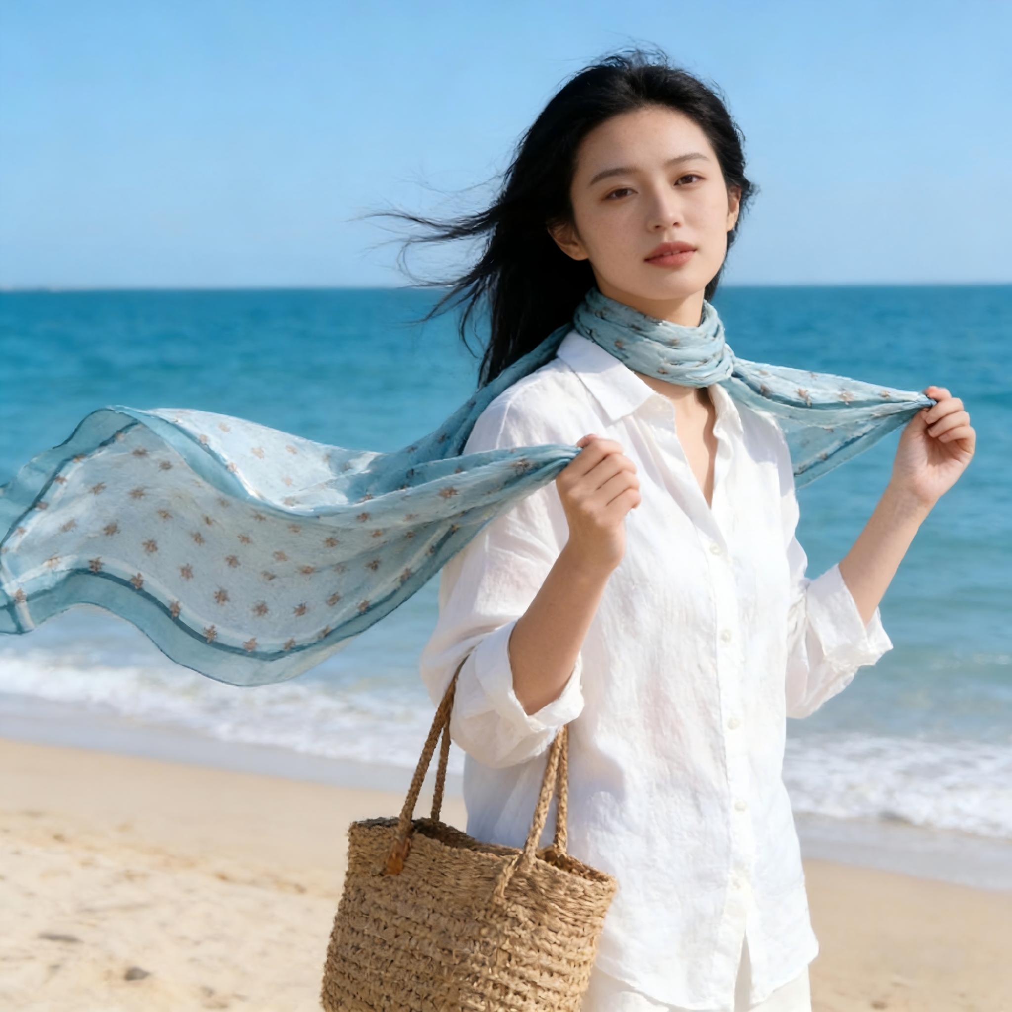 桑蚕丝单面西丽纱海水蓝小蜜蜂105方巾丝巾围巾防晒披肩外搭F210