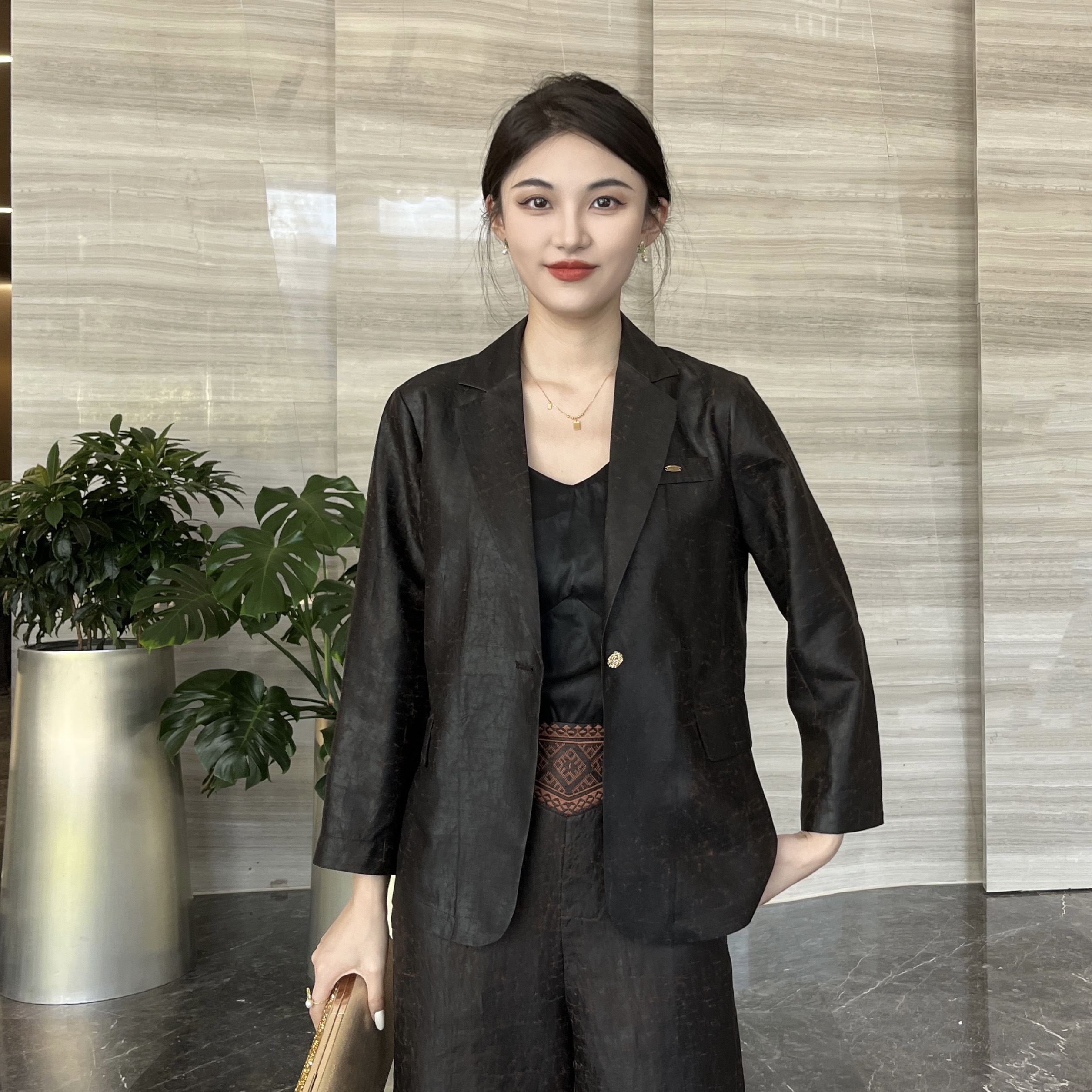 FSSIA暄和｜非遗香云纱龟纹春秋百搭长袖一粒扣西装外套MG-5189