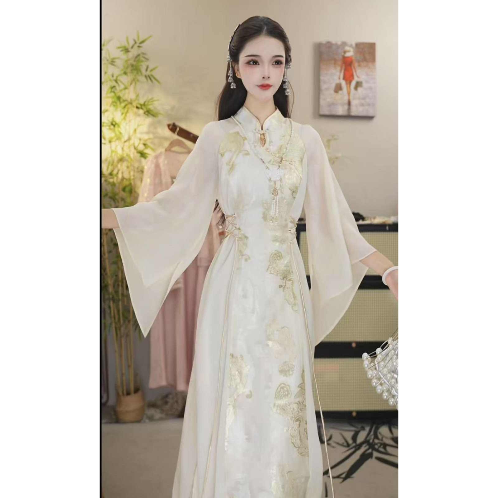 夏维莲2025春季新款中国风飘逸日常杏色长款连衣裙（6622）