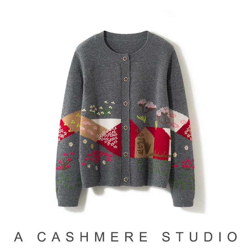 重磅轻奢秋冬新品女士100%山羊绒刺绣开衫外套宽松圆领针织衫