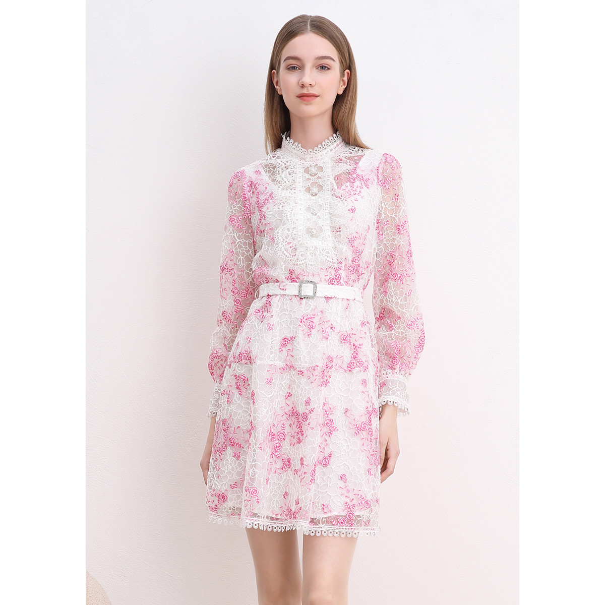 【优雅法式蕾丝A字裙】JETEZO花边立领长袖网纱连衣裙BB1AA012E1