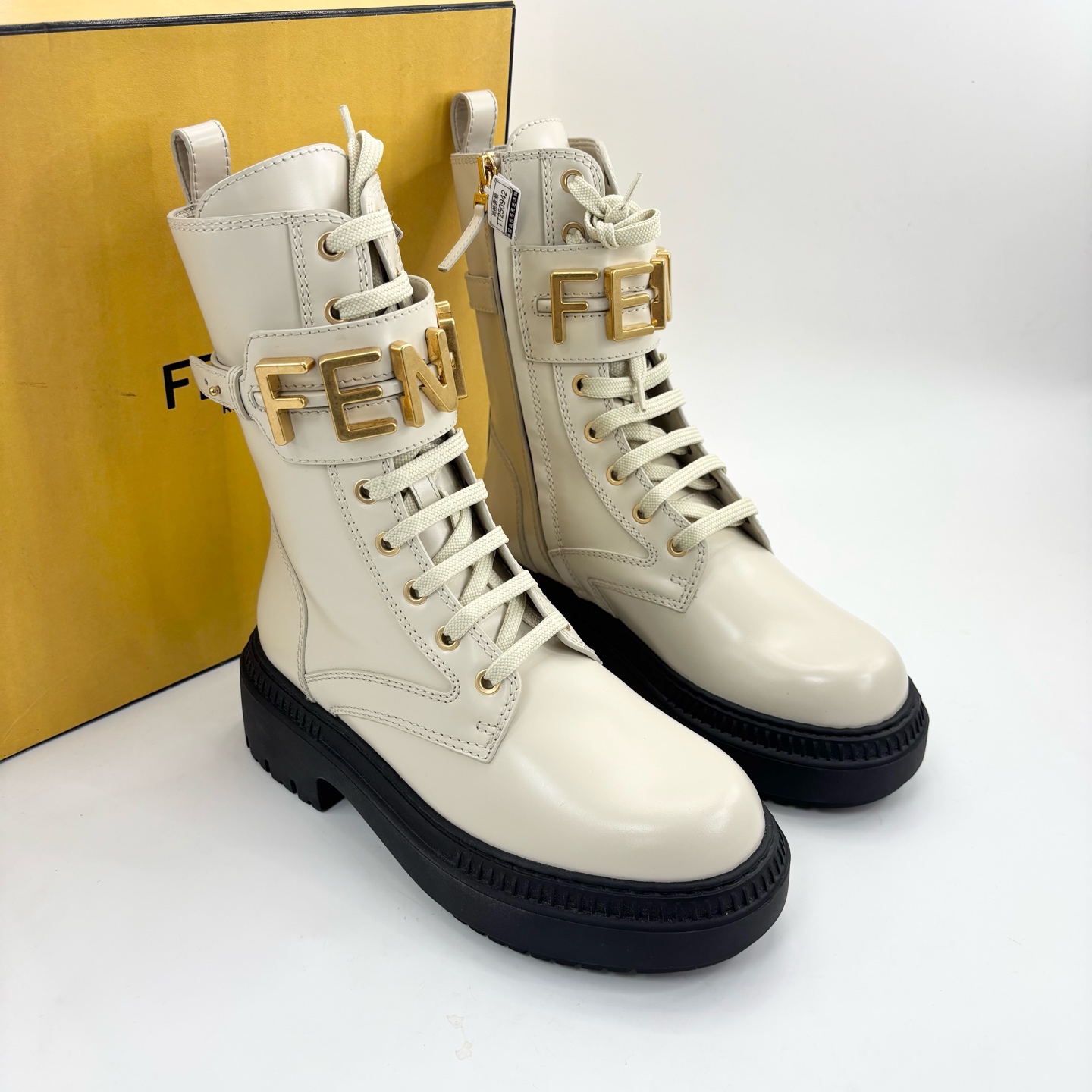 未使用 FENDI/芬迪 36码/米色金标厚底短靴/TT250942