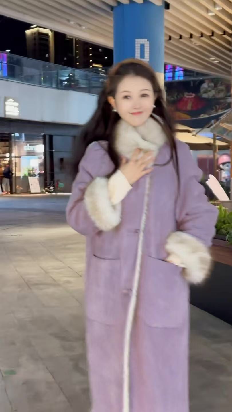 小香风皮毛一体羊羔毛中长款外套2025冬季新款加厚保暖派克服大衣