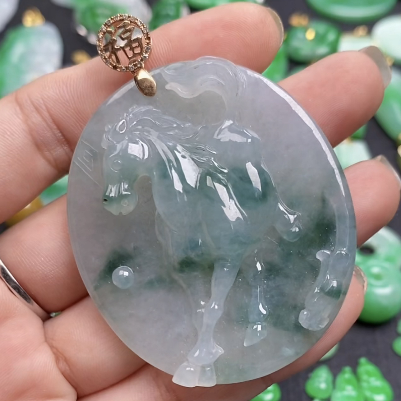 缅甸翡翠A货18k金镶嵌冰飘蓝花马道成功毛衣链