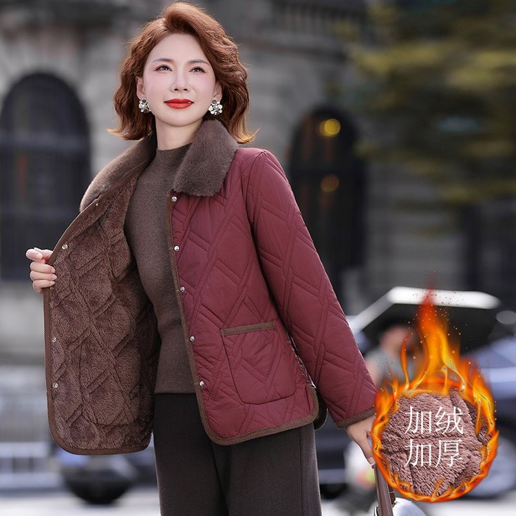 宽松型中老年短款气质女装外套加绒冬季加厚翻领妈妈装厚款中年