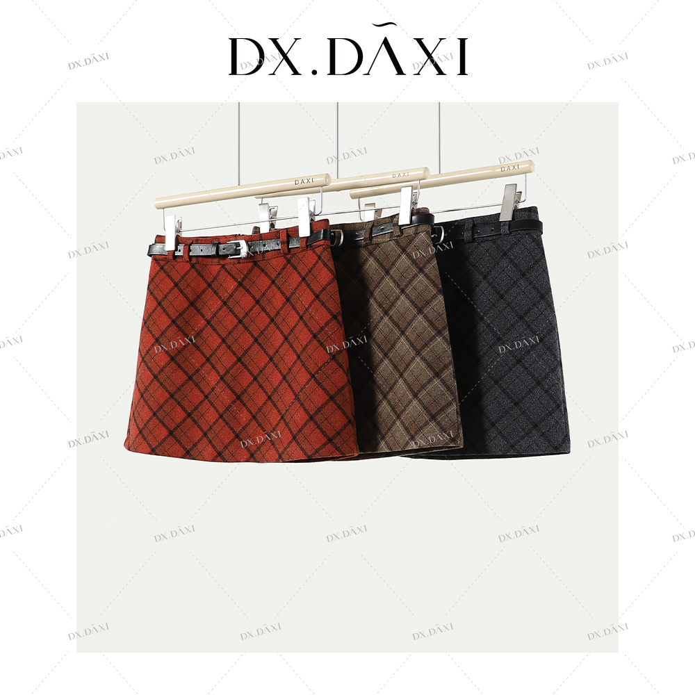 DX.DAXI【自在舒适】格纹A字裙防走光毛呢短裙（送腰带）
