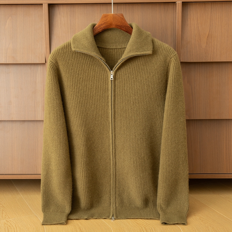 重磅加厚七针元宝针开衫100%纯山羊绒毛衣外套男双拉链翻领针织衫