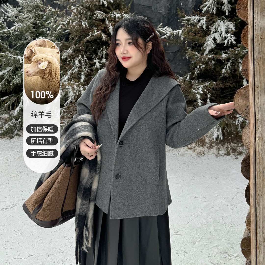 CD6541大码女装【100%绵羊毛】超好看毛呢外套秋冬胖mm保暖呢子大衣